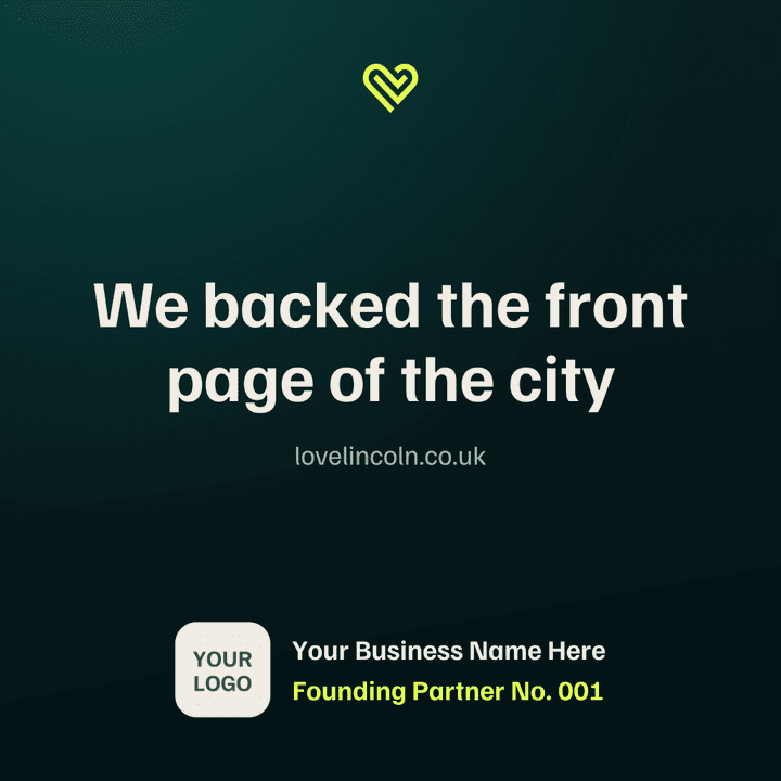 An example Instagram graphic from the Media Hub: “We backed the front page of the city”, carrying the founder's own logo, name and number.
