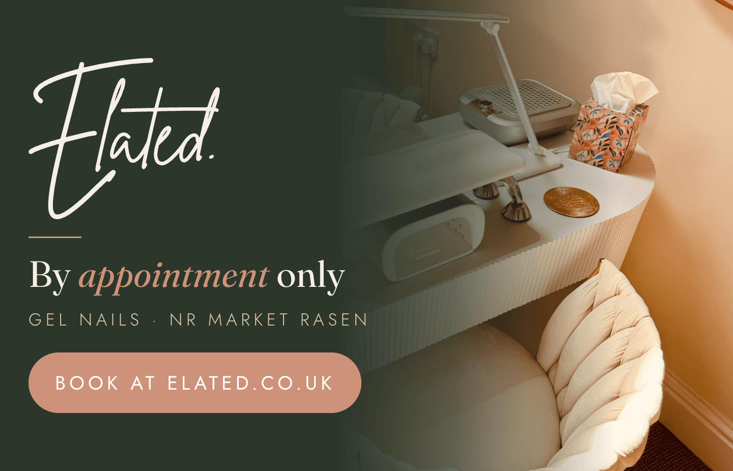 Elated gel nail salon near Market Rasen — by appointment only. Book at elated.co.uk